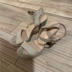 LC Lauren Conrad Beige Suede Chunky Heel Ankle-Strap Sandals